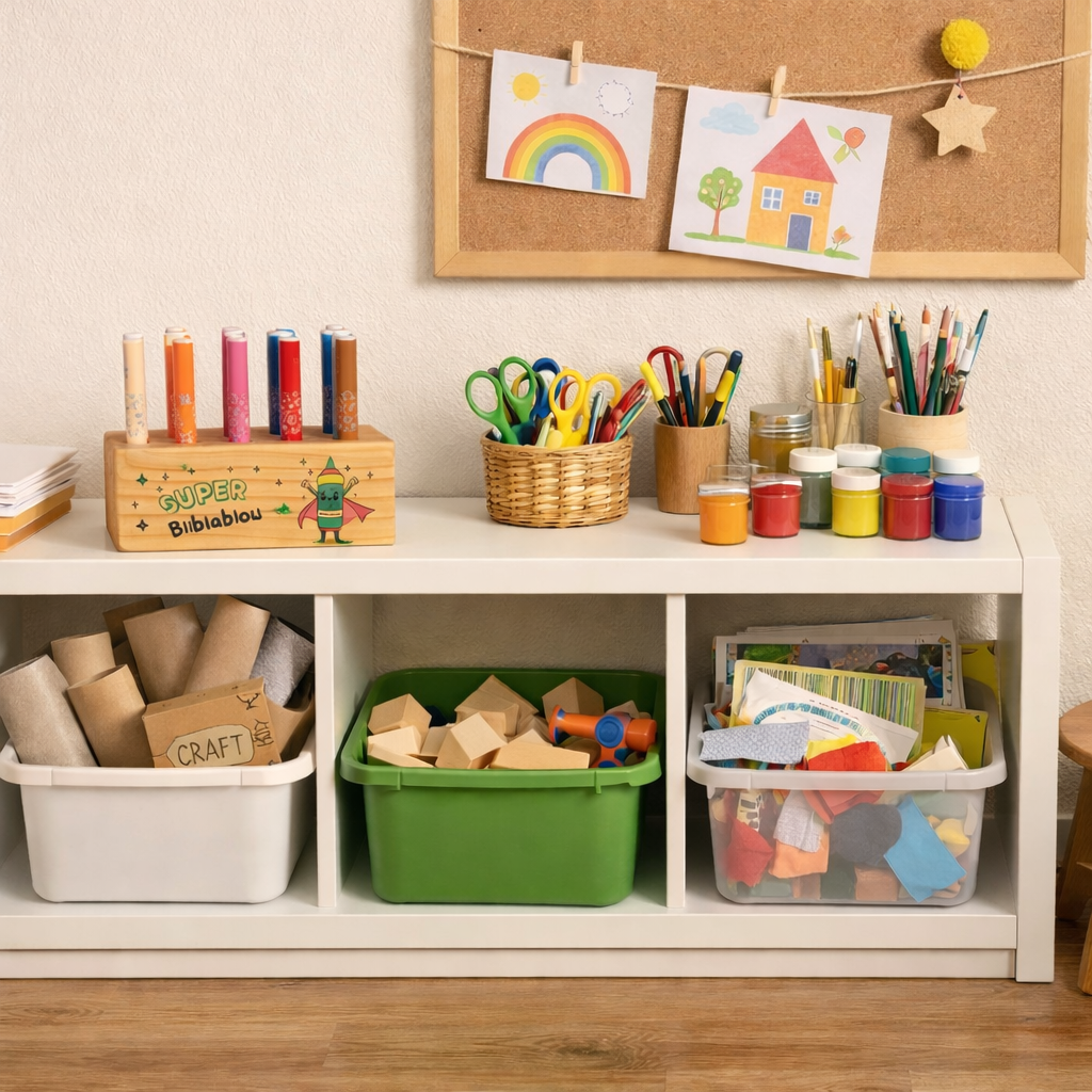 Coin créatif enfant avec rangement de feutres Bliblablou et matériel créatif accessible
